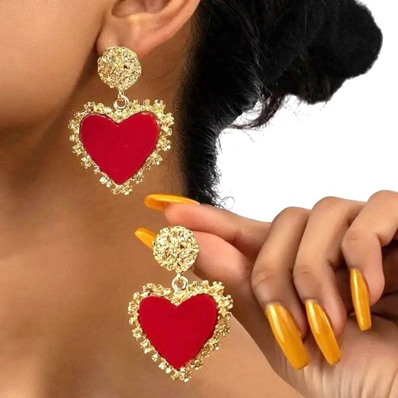 Jewelry - Glam Gold & Red Heart Earrings Romantic Drop